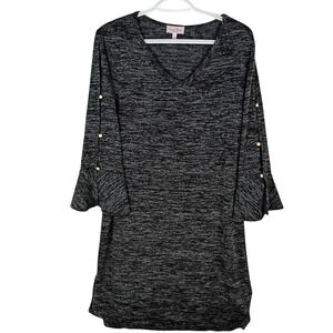 Carol Rose Dresses Womens XL Gray Marled V-Neck Bell Sleeve Pearl Button Dress